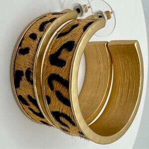 Gold tone cow fur leopard print tan black hoop hoops post earrings